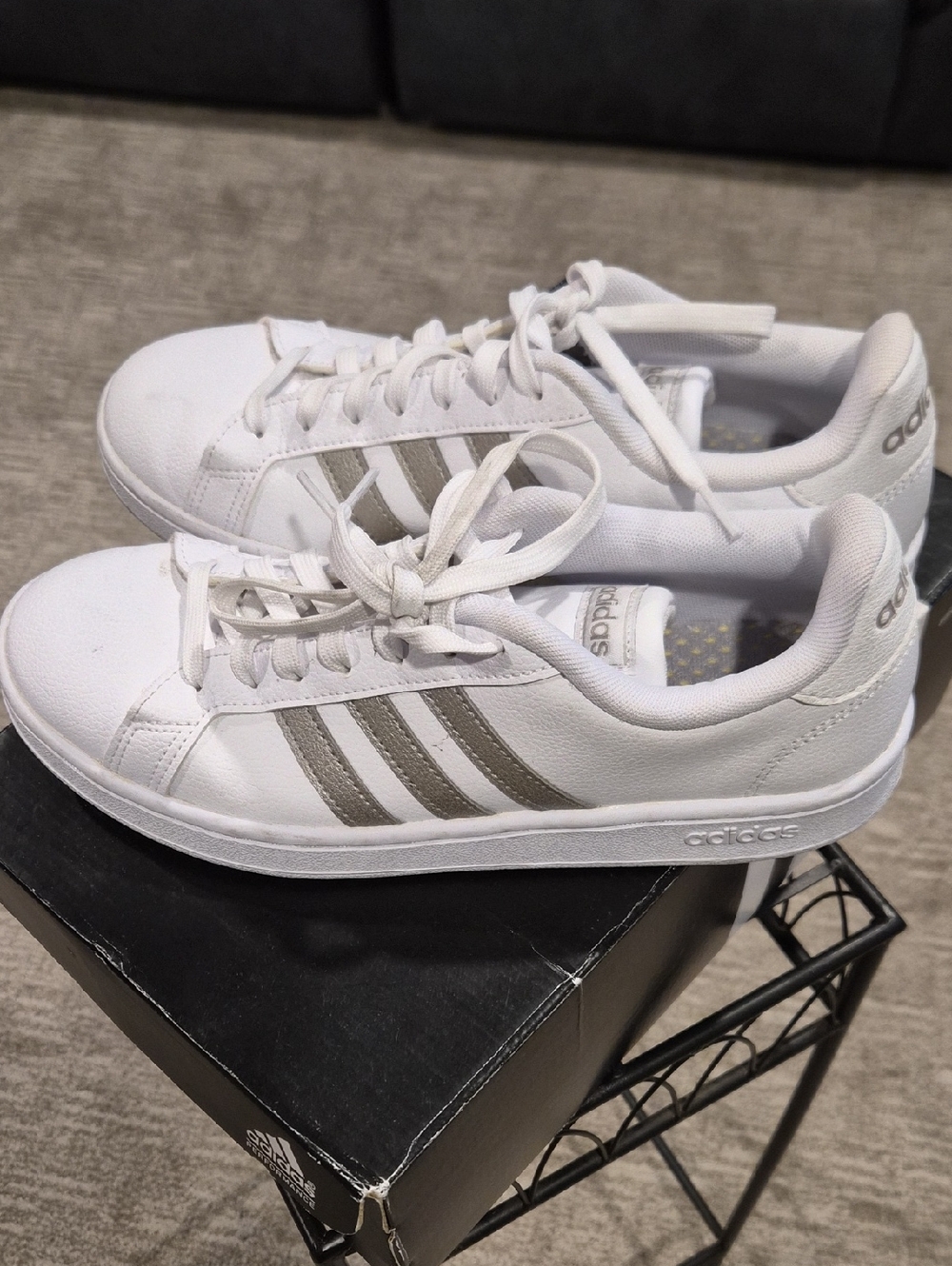 adidas White Sneakers with Silver Stripes